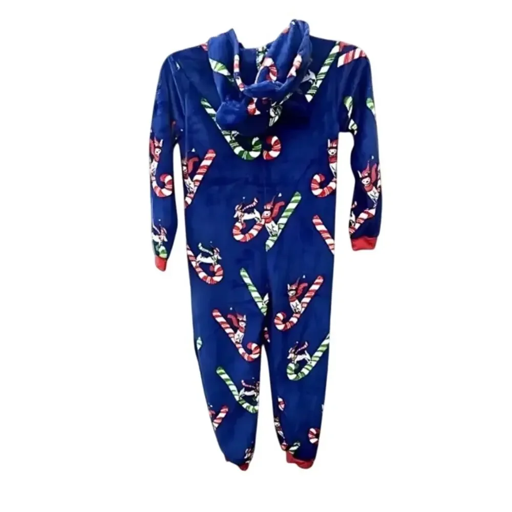Munki Munki Youth Candy Cane Sled Hooded Fleece Pajamas Zip-Up One-Piece Blue 4